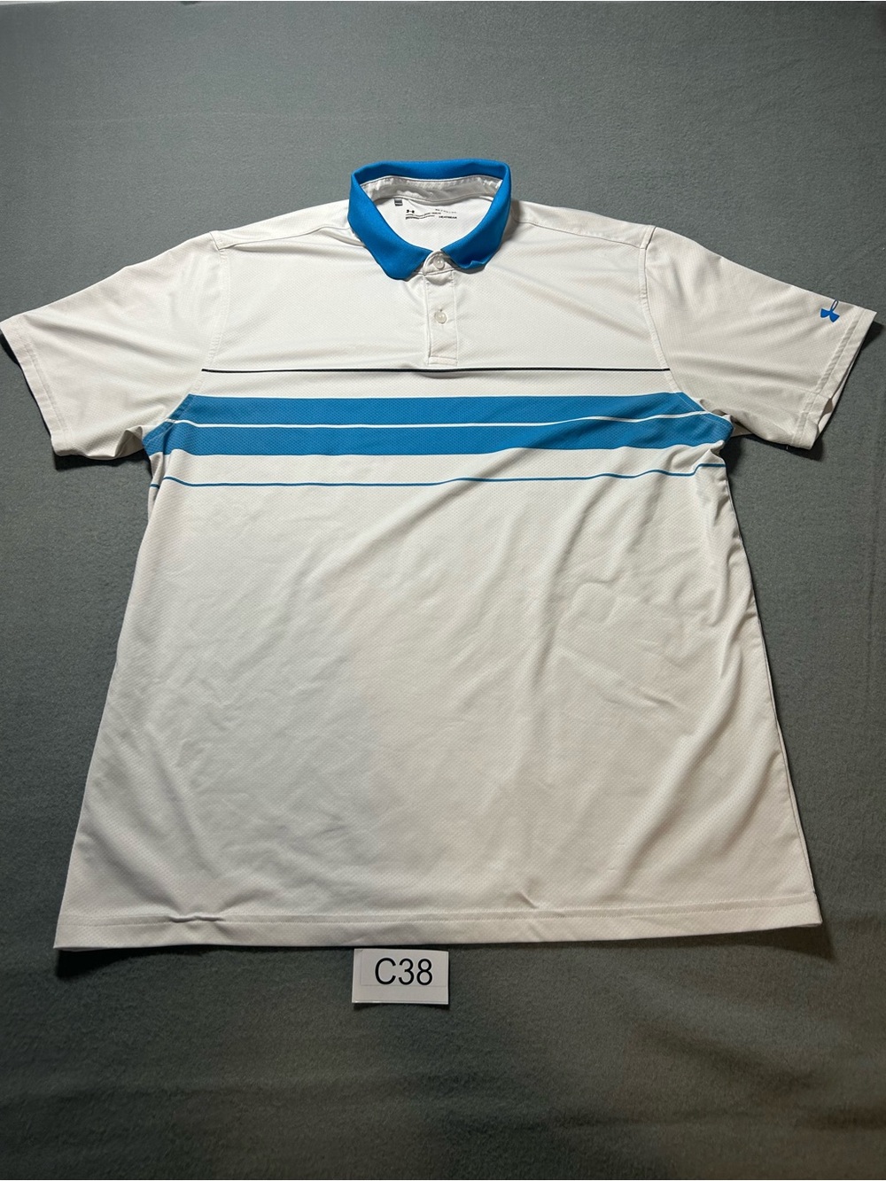 Under Armour Golf White Polo with Blue Stripes and Collar